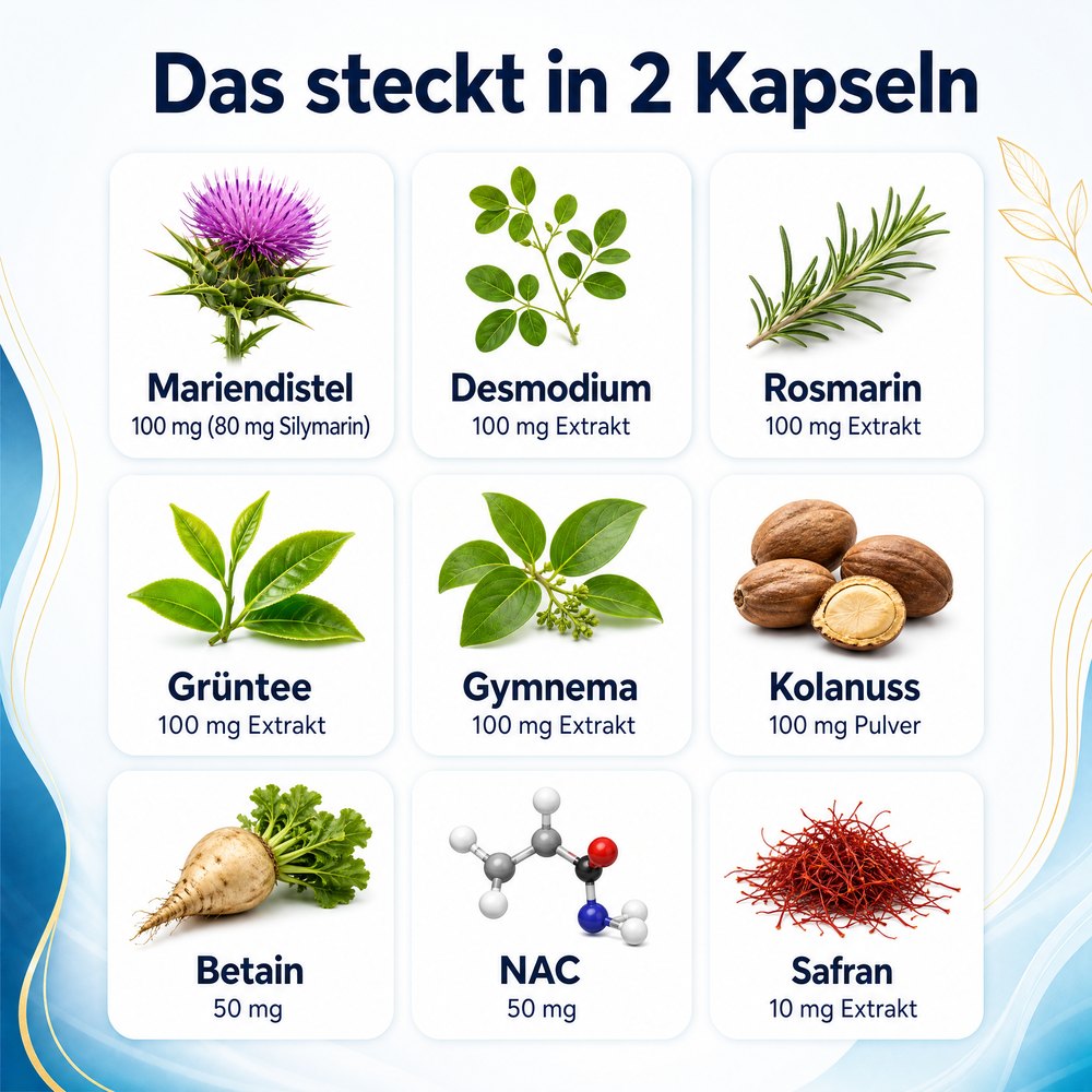 Das steckt in 2 Kapseln Hepaliv: Mariendistel 100 mg (80 mg Silymarin), Desmodium, Rosmarin, Grüntee, Gymnema, Kolanuss je 100 mg, Betain 50 mg, NAC 50 mg, Safran 10 mg