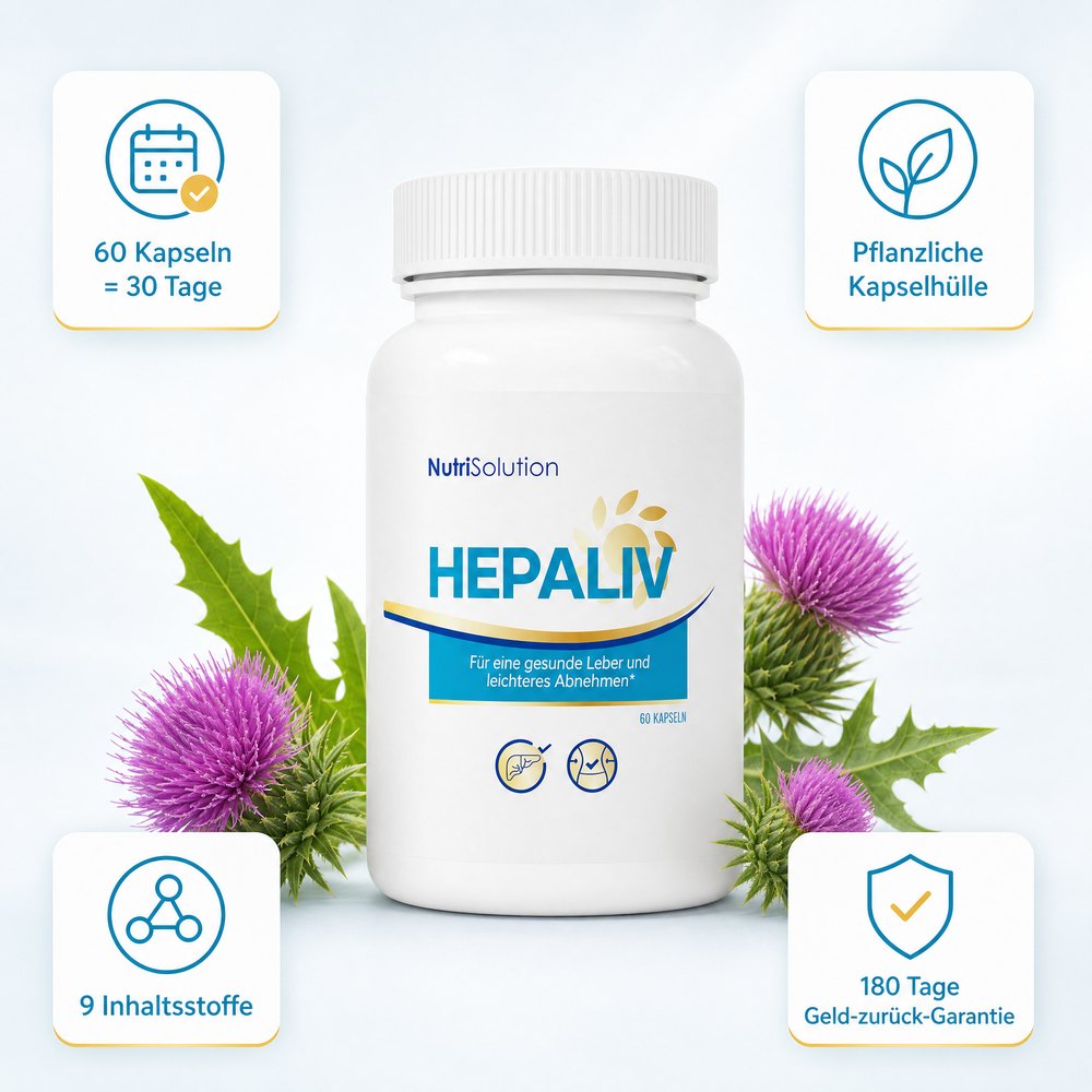 Hepaliv Dose mit 60 Kapseln: 9 Inhaltsstoffe, pflanzliche Kapselhülle, 180 Tage Geld-zurück-Garantie